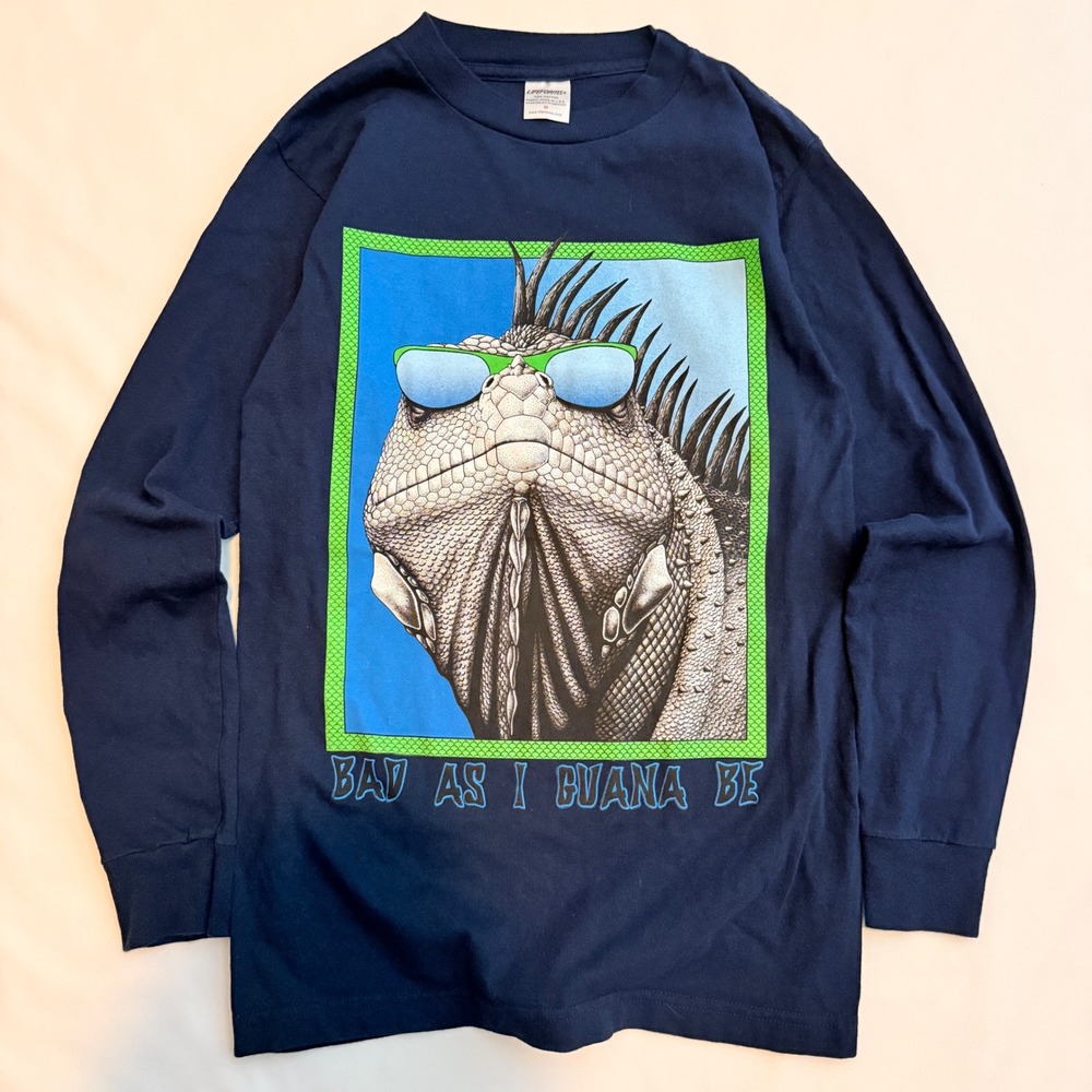 Lifeforms Long Sleeve T-Shirt Mens Medium Navy Blue Bad As I Guana Be Graphic